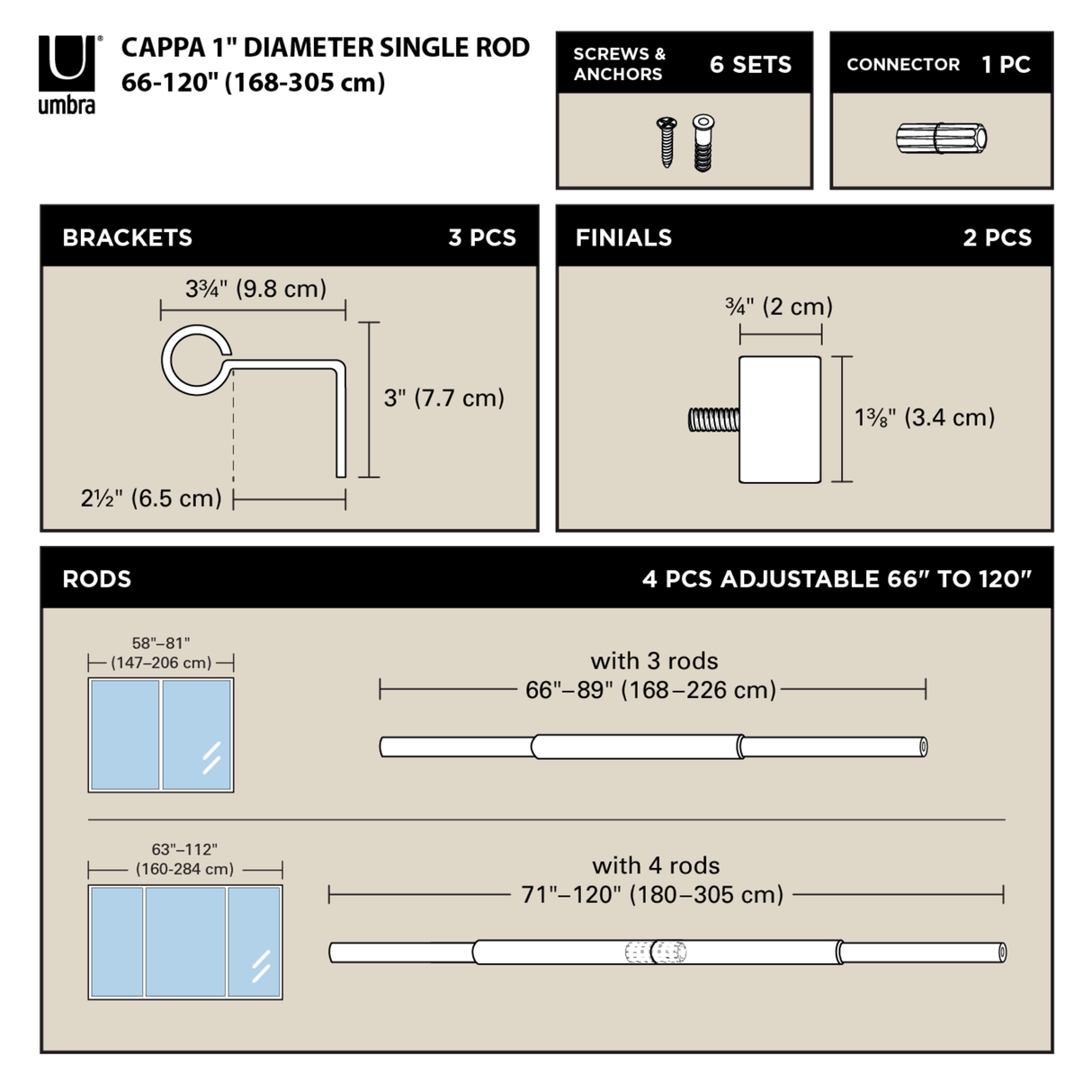 Single Curtain Rods | color: Nickel | size: 66-120" (168-305 cm) | diameter: 1" (2.5 cm)